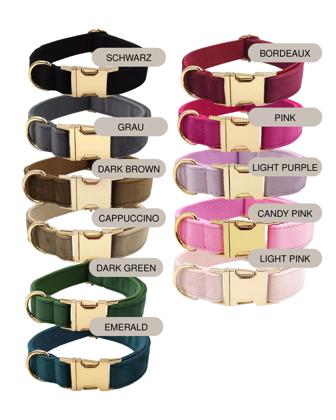 Farbauswahl für Hundehalsband und Leine aus Samt in verschiedenen Farben wie Schwarz, Bordeaux, und Pink